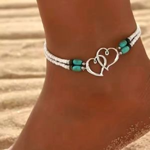 Anklet Bracelet 🩵Double Hearts Tiny Beads White With Turquoise Blue NWT